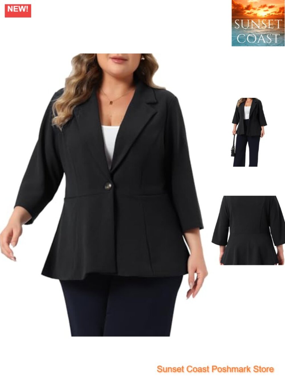 Plus Size Peplum Blazer 3/4 Sleeve One Button Stretch Work Office Suit Jacket